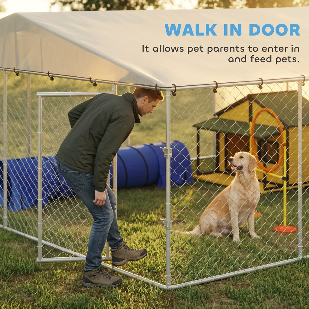 15' x 15' x 7' Dog Kennel Outdoor for Small Medium Large Dogs with Waterproof Roof, Silver