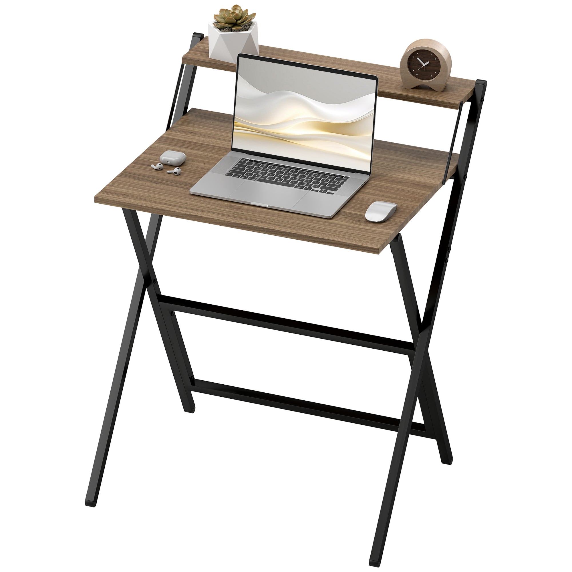 Folding Computer Desk, 27.6" Foldable Desk with Monitor Shelf for Small Space, Home Office, Study, Easy Assembly, Walnut