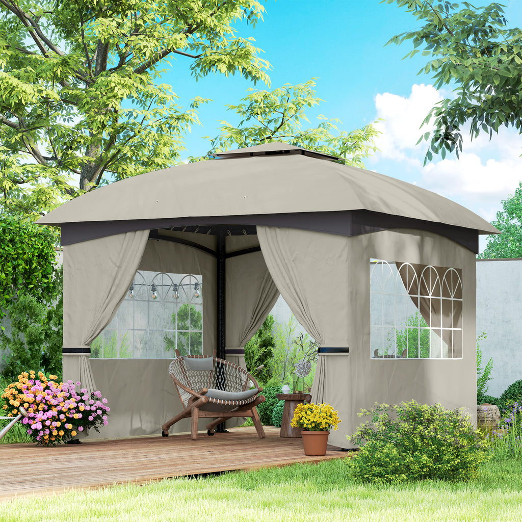 11' x 11' Outdoor Gazebo, Double Roof Patio Gazebo with Curtains, Church Windows, Galvanized Steel Frame, Light Gray