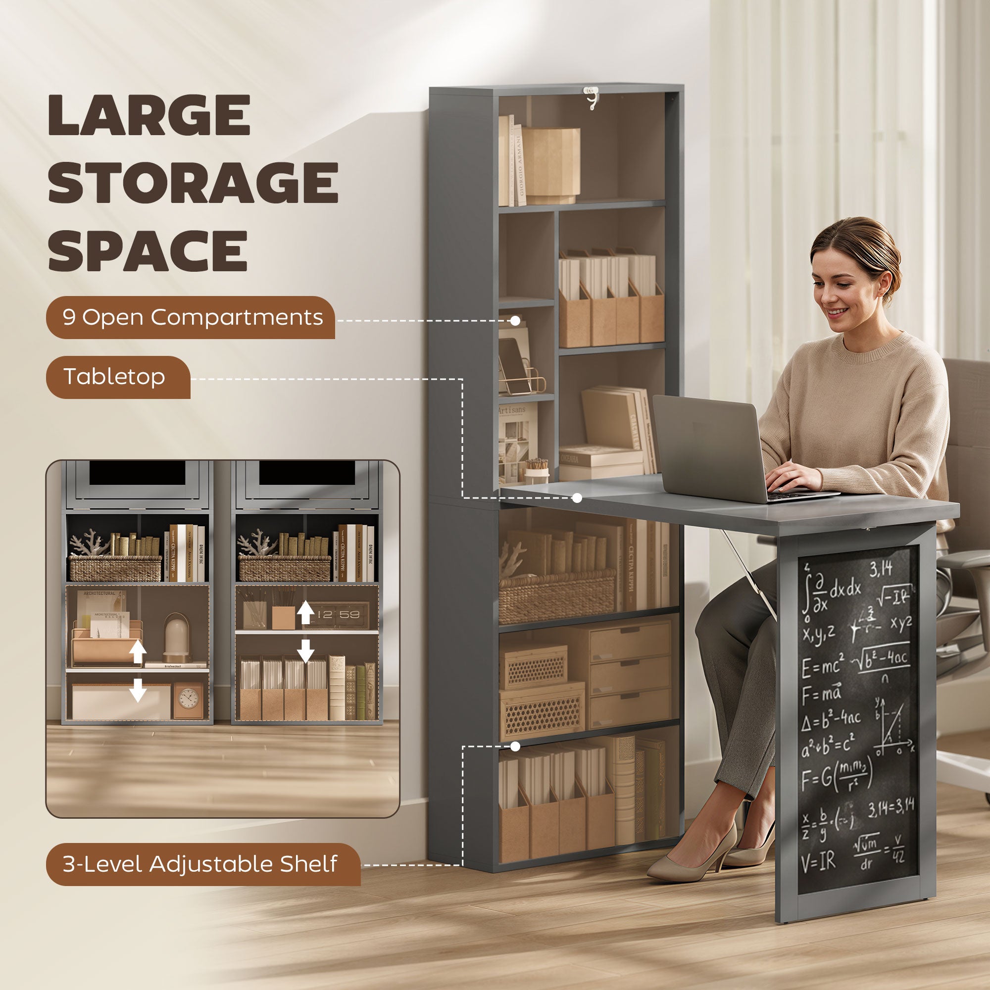 Fold-out Convertible Office Desk, Wall Mount Computer Desk with Blackboard and Side Shelf, Charcoal Gray