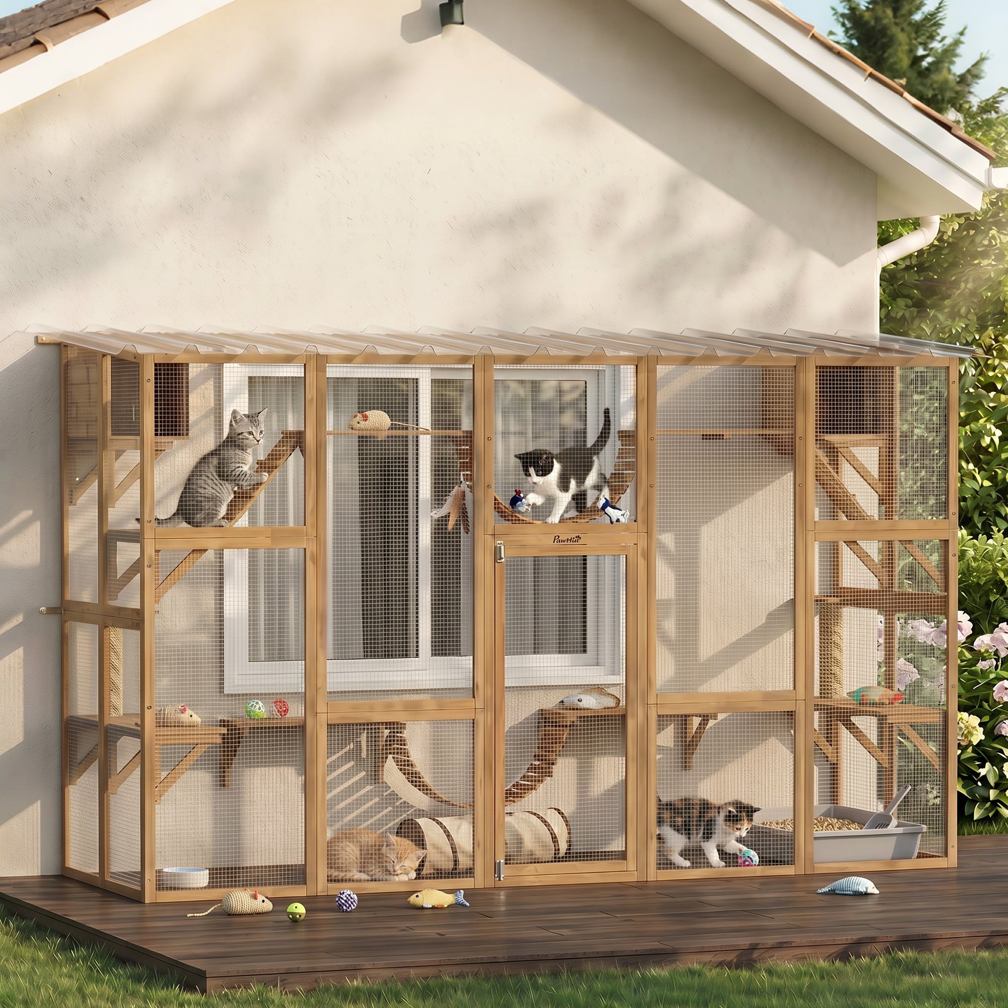 Catio Playground Cat Window Box Outside Enclosure for Multiple Cats w/ Shelves & Bridges, Yellow