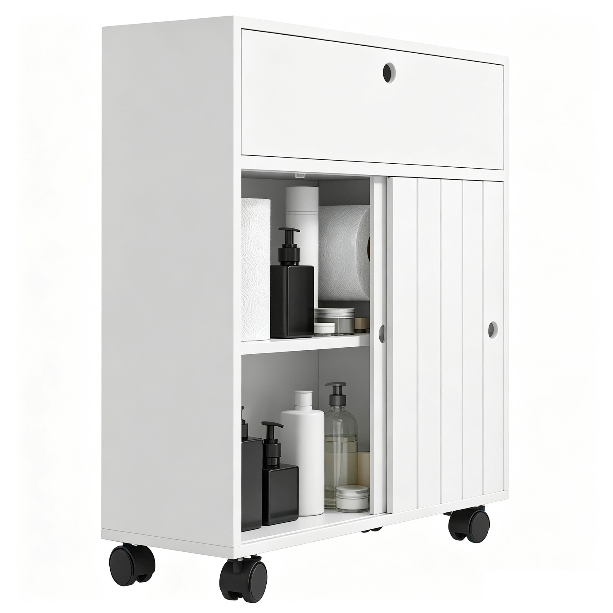 Toilet Paper Cabinet, Slim Bathroom Cabinet with 4 Rolling Wheels, Small Bathroom Storage Cabinet with Paper Holes, Sliding Doors and Adjustable Shelf for Small Space, White