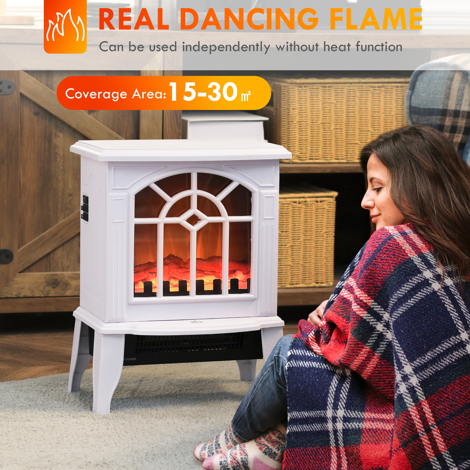 Electric Fireplace Heater, Freestanding Fireplace Stove with Realistic Flames Overheating Protection 750W/1500W, White