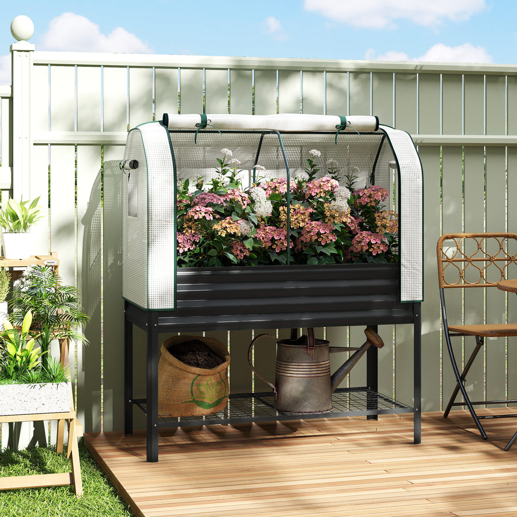 Galvanised Raised Garden Bed with Greenhouse Cover, Metal Elevated Garden Bed with Bed Liner, Bottom Shelf, Black