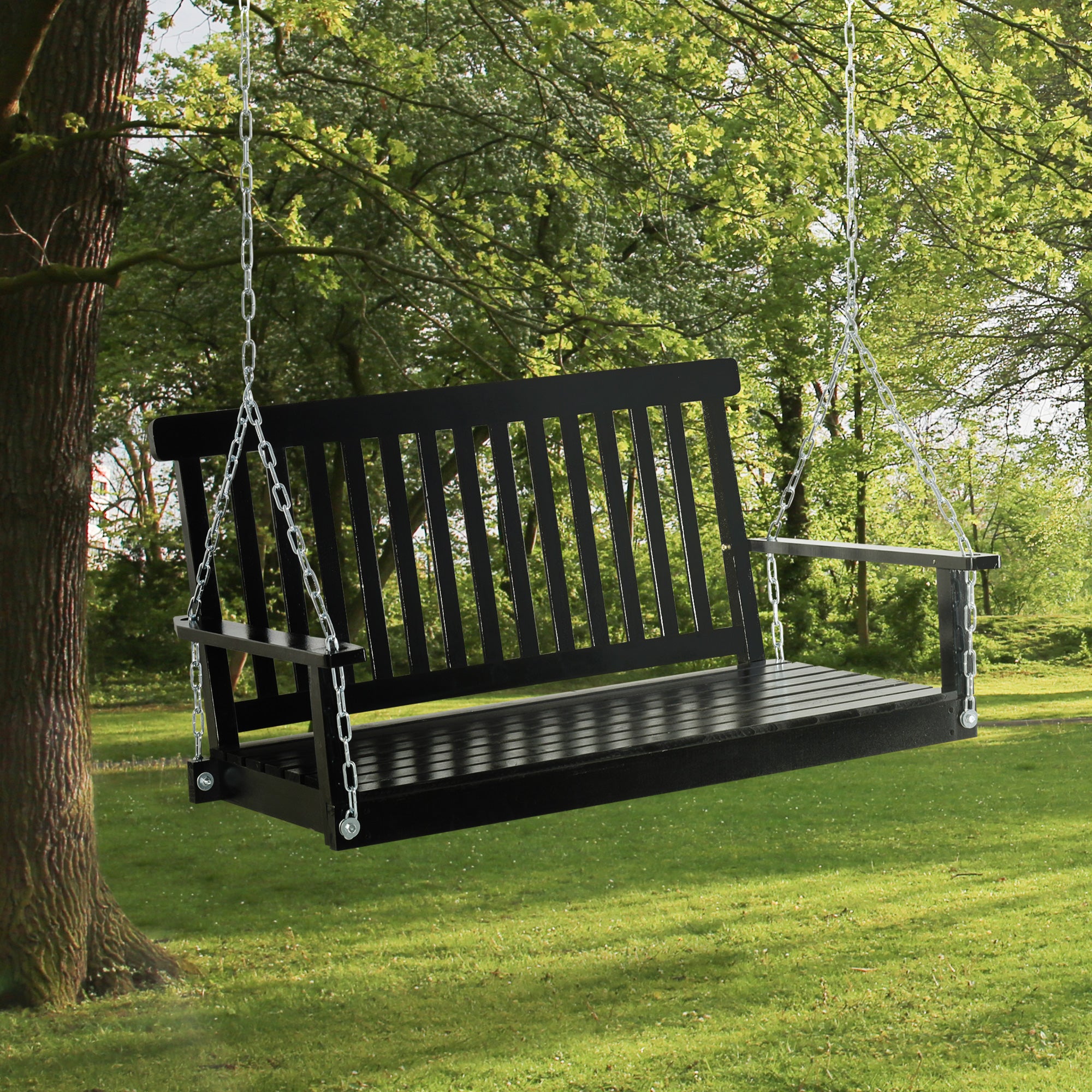 2-Seater Hanging Porch Swing Outdoor Patio Swing Chair Seat with Slatted Build and Chains, 440lbs Weight Capacity, Black