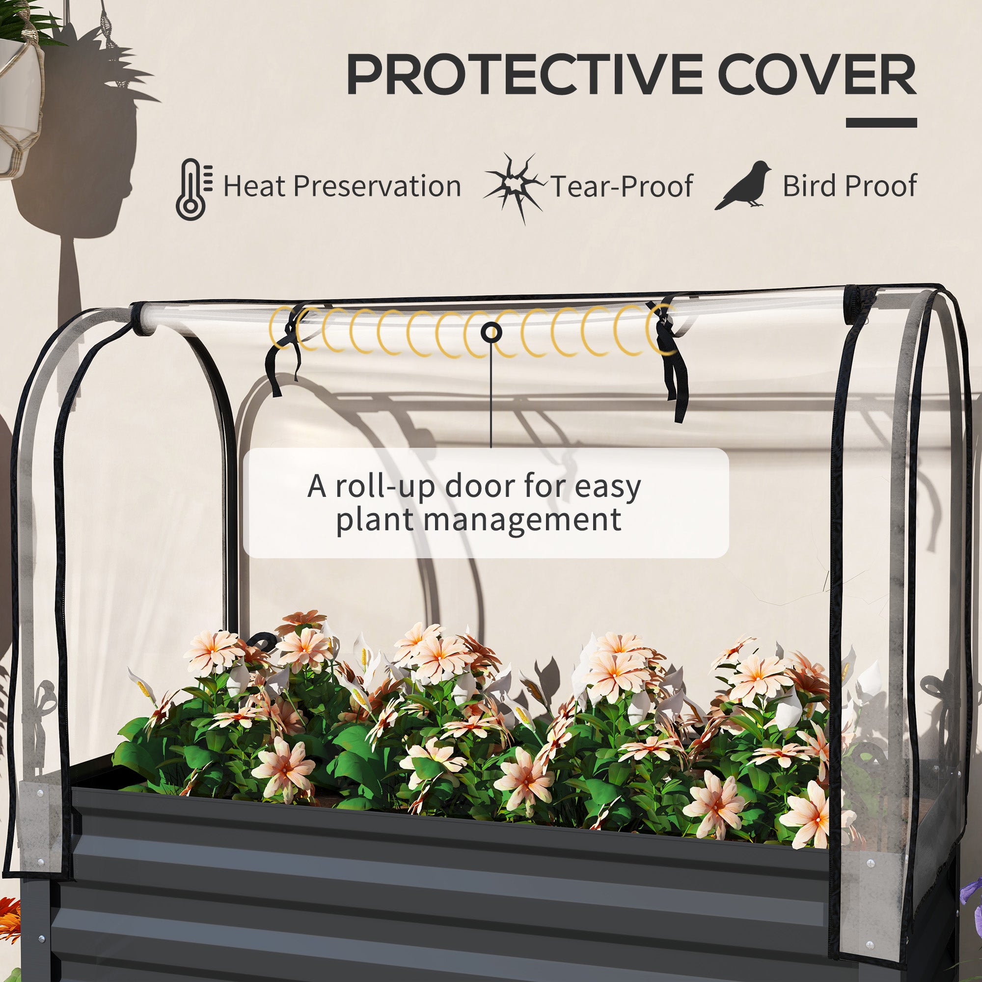 Raised Garden Bed with Legs and Cover, Metal Elevated Planter Box with Bottom Shelf and Liner for Vegetables, Dark Gray