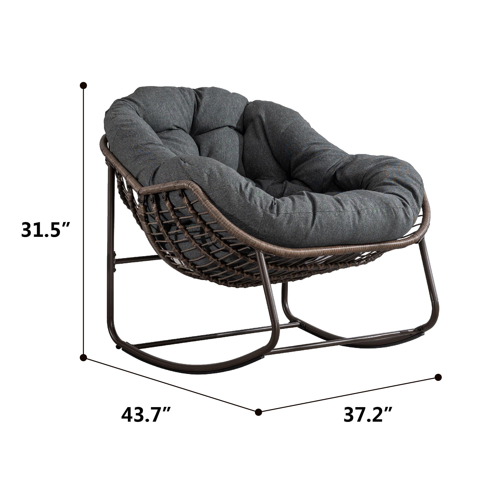 Outdoor Rattan Rocking Chair with Padded Cushion, Hand-Woven Recliner, Ergonomic Design, Steel Frame, 44" L x 37" W x 31.5" H, Gray