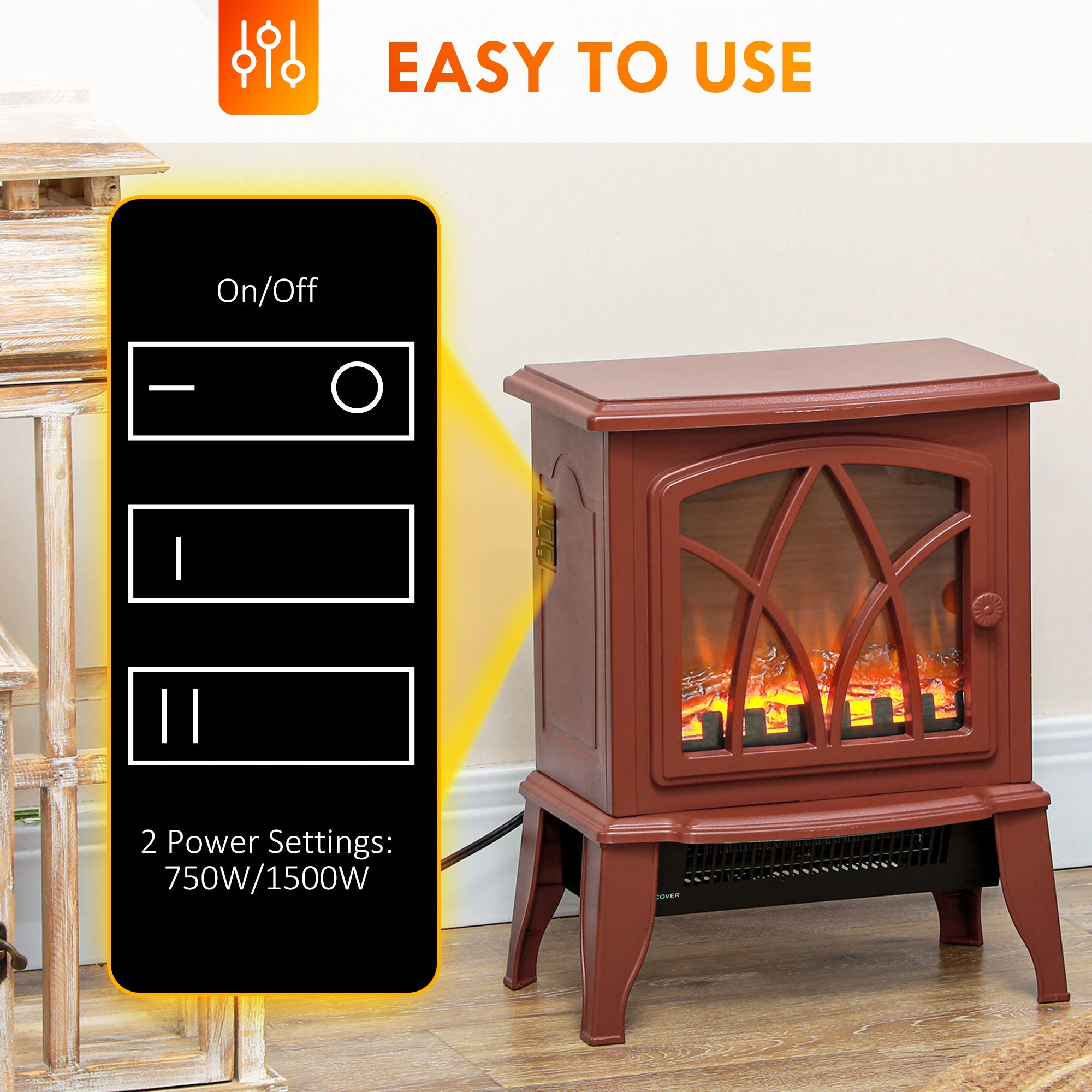 Electric Fireplace Heater, Freestanding Fireplace Stove with Realistic Flames Overheating Protection 750W/1500W, Red