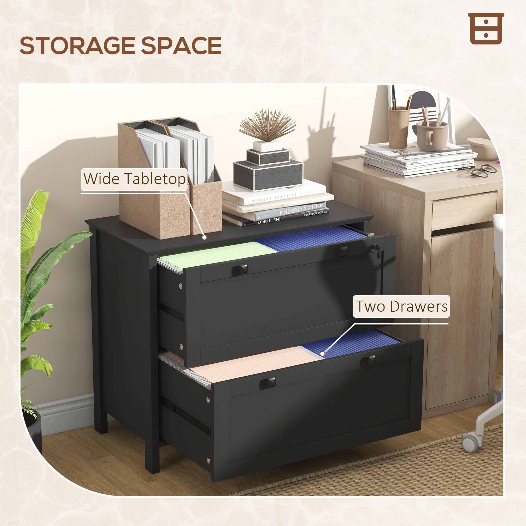 Lateral File Cabinet, 2 Drawer Filing Cabinet with Adjustable Hanging Bar for Letter, A4 and Legal Size, Black