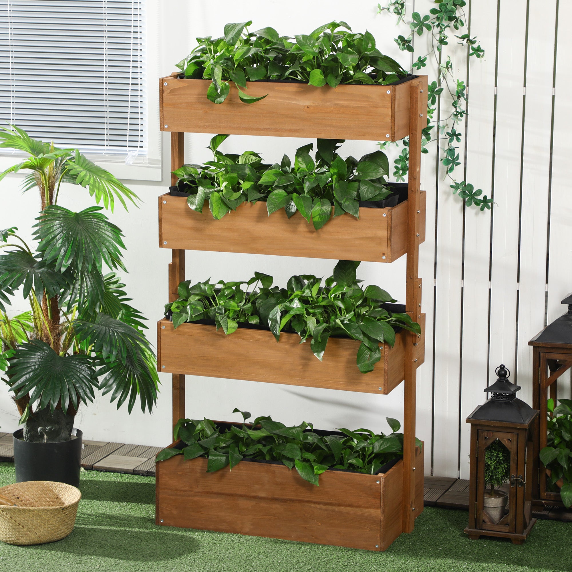 Vertical 4 Tier Raised Garden Bed, Wooden Planter Box, Self-Draining with Bed Liner for Indoor Outdoor Flowers, Vegetables and Herbs, Orange