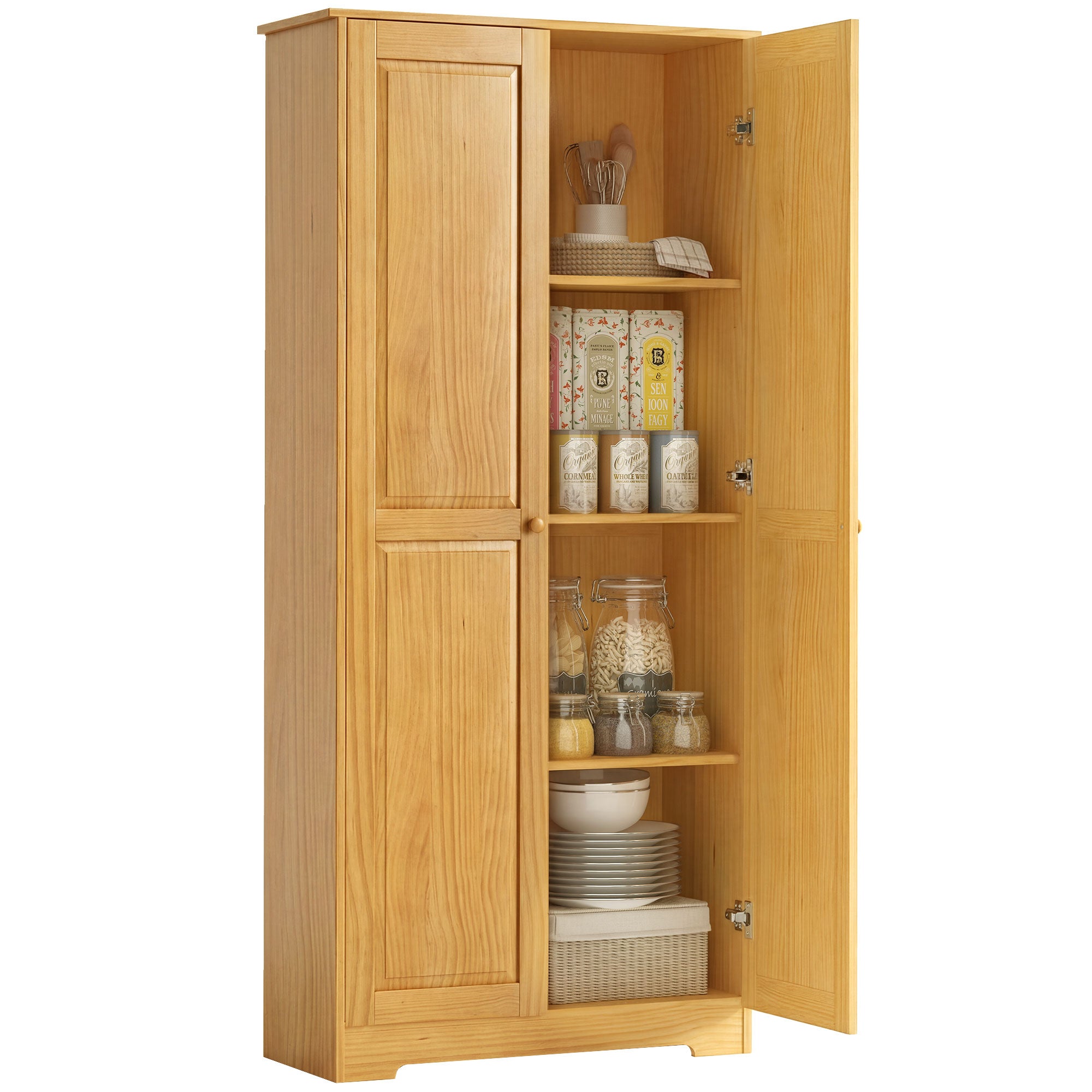 67" Pinewood Kitchen Pantry Storage Cabinet, Freestanding Cabinets with Doors and Shelves, Dining Room