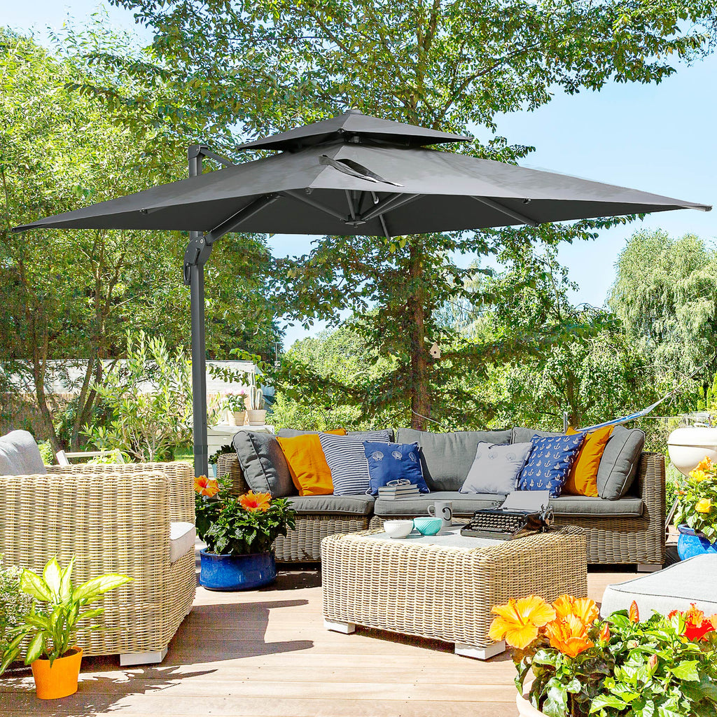 10ft Offset Patio Umbrella, Hanging Cantilever Umbrella, Square Shape, Aluminum Cross Base, Tilt, 360-Degree Rotation, Gray