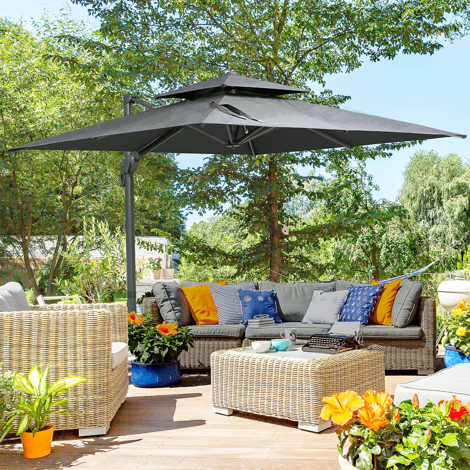 10ft Offset Patio Umbrella, Hanging Cantilever Umbrella, Square Shape, Aluminum Cross Base, Tilt, 360-Degree Rotation, Gray