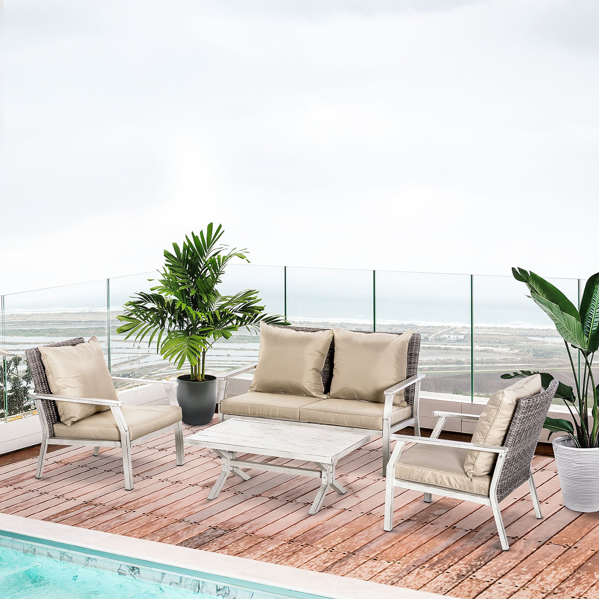 4 Pieces Patio Furniture Set with Cushions, Outdoor Wicker Conversation Sofa Sets, Aluminum Frame Sofa Sets for Backyard, Poolside, Garden, Beige