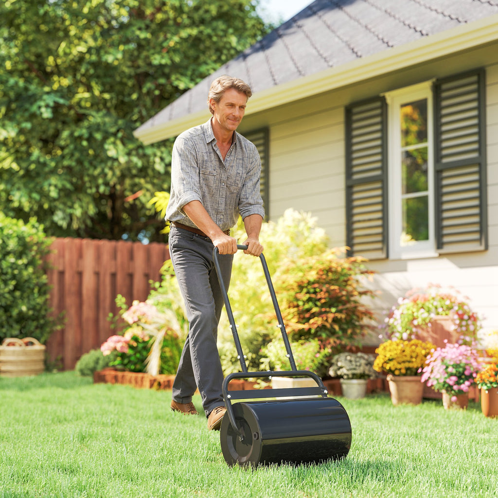 20-Inch Push/Tow Behind Lawn Roller Filled with 10 Gal Water or Sand for Flattening Sod in the Garden, Black