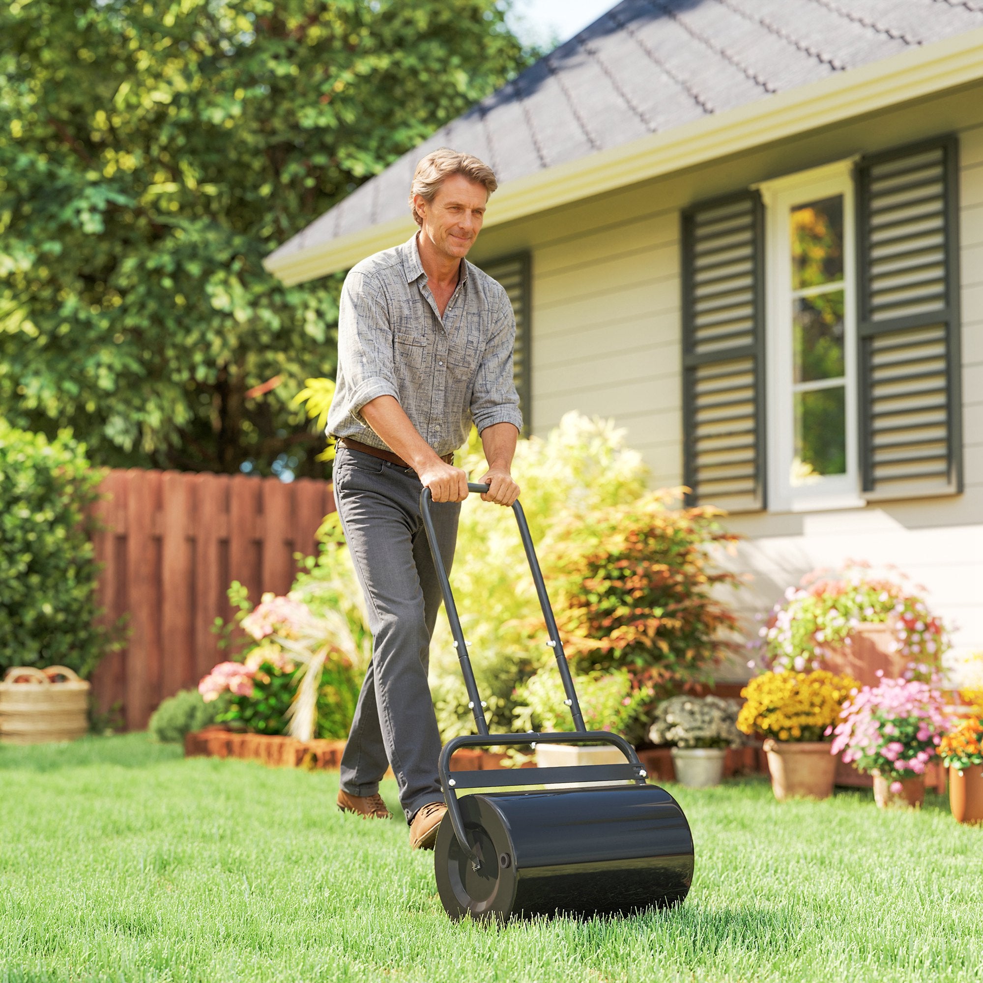 20-Inch Push/Tow Behind Lawn Roller Filled with 10 Gal Water or Sand for Flattening Sod in the Garden, Black