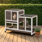 Wooden Rabbit Hutch Elevated Bunny Cage Indoor Small Animal Habitat with Enclosed Run with Wheels, Ramp, Removable Tray for Rabbits, Chickens, Ducks, Guinea Pigs, Brown