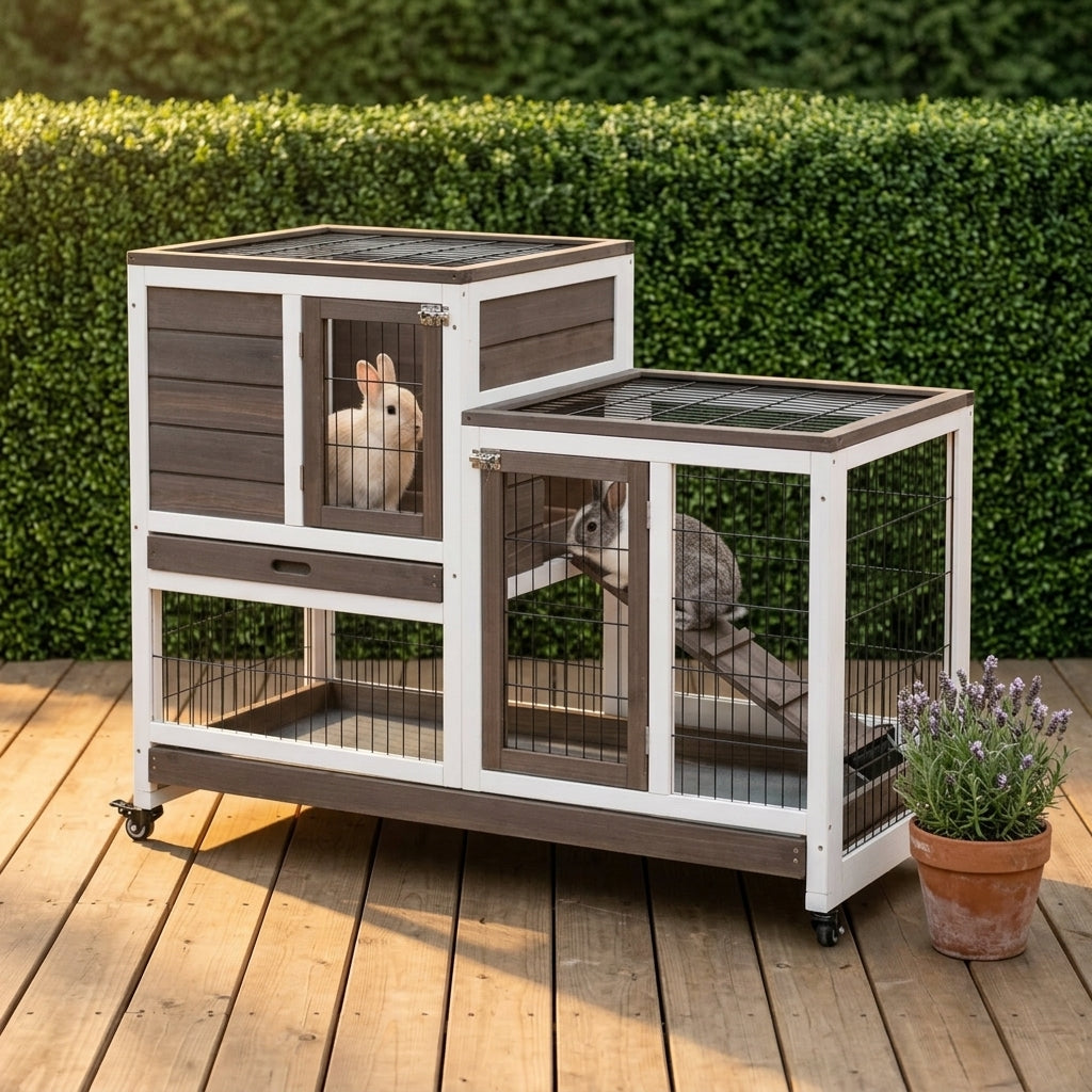 Wooden Rabbit Hutch Elevated Bunny Cage Indoor Small Animal Habitat with Enclosed Run with Wheels, Ramp, Removable Tray for Rabbits, Chickens, Ducks, Guinea Pigs, Brown