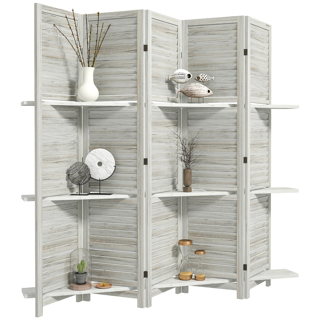 5 Panel 67" Tall Wood Privacy Screen Room Divider with 3 Shelves and Folding Storage for Bedroom, Distressed White