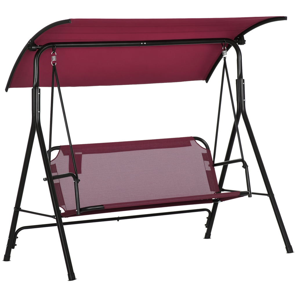 3-Person Porch Swing with Stand, Outdoor Swing for Patio Porch with Adjustable Tilt Canopy and Comfortable Swing Bench-Style Seat, Steel Frame, Wine Red