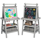 Double Sided Easel for Kids, Standing Toddler Easel with Paper Roll, Magnetic Whiteboard, Chalkboard & Storage, Gray