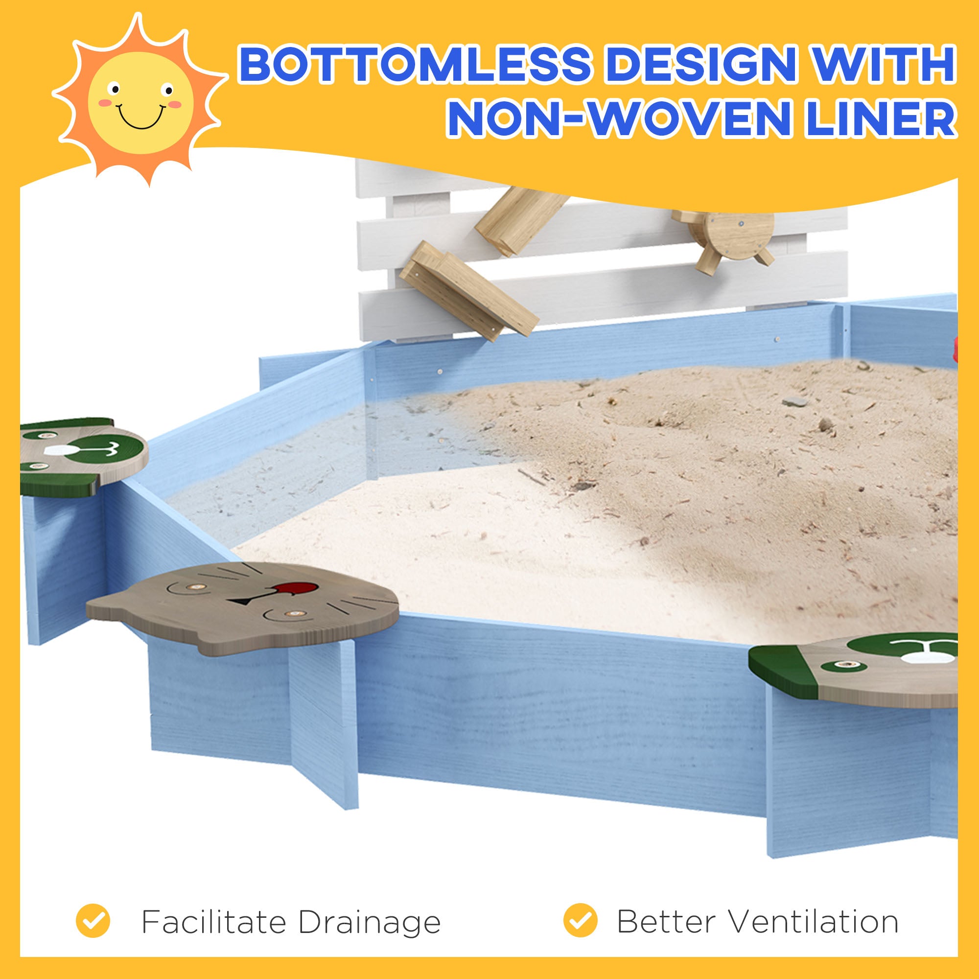 Wooden Sandbox for 3-7 Years, 85" x 85" x 25", Blue