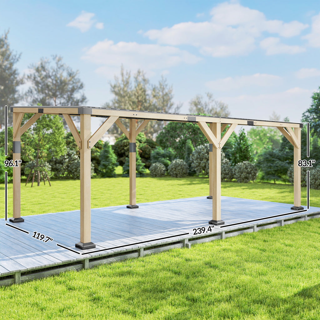 10' x 20' Wooden Gazebo, Hardtop Lean-to Gazebo Pergola with Galvanized Steel Sloped Roof, Light Walnut