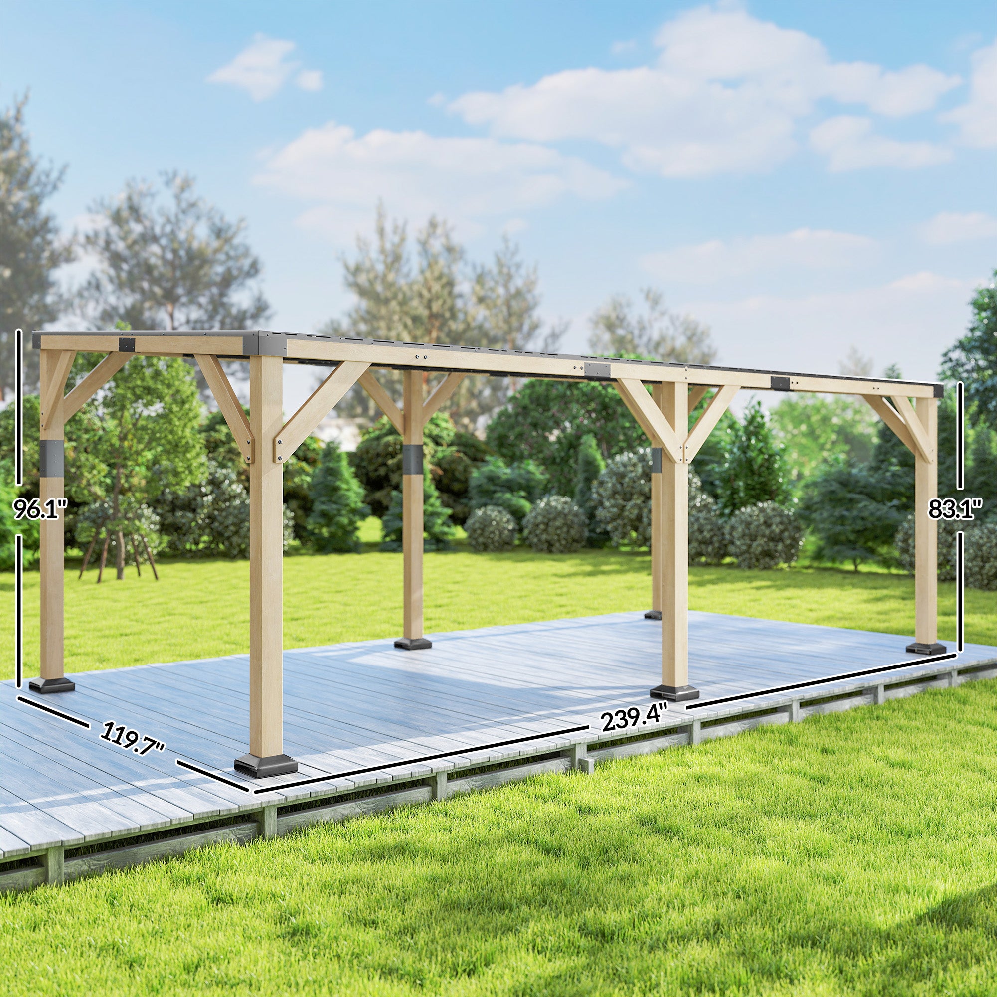 10' x 20' Wooden Gazebo, Hardtop Lean-to Gazebo Pergola with Galvanized Steel Sloped Roof, Light Walnut