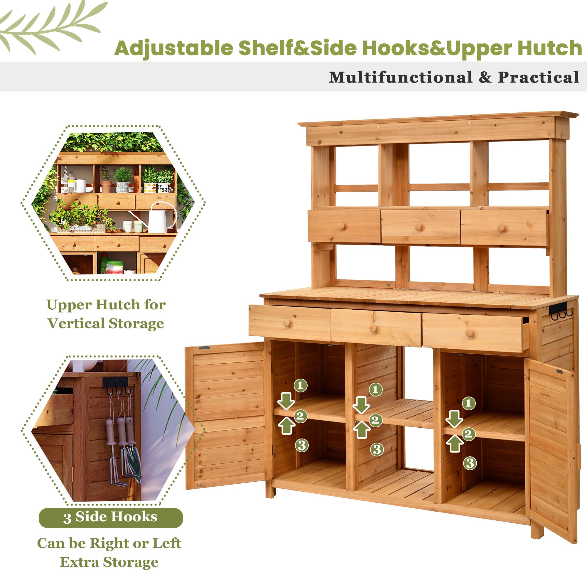 Tall Potting Bench with 3 Shelves, 6 Drawers, Hutch and Cabinet, Wood Garden Workstation for Patio, 50'' L x 20.5'' W x 65.5'' H, Natural