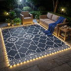 Reversible Outdoor Rug Carpet with LED Lights, 12' x 9' PP Straw Rug with Carry Bag and Ground Stakes
