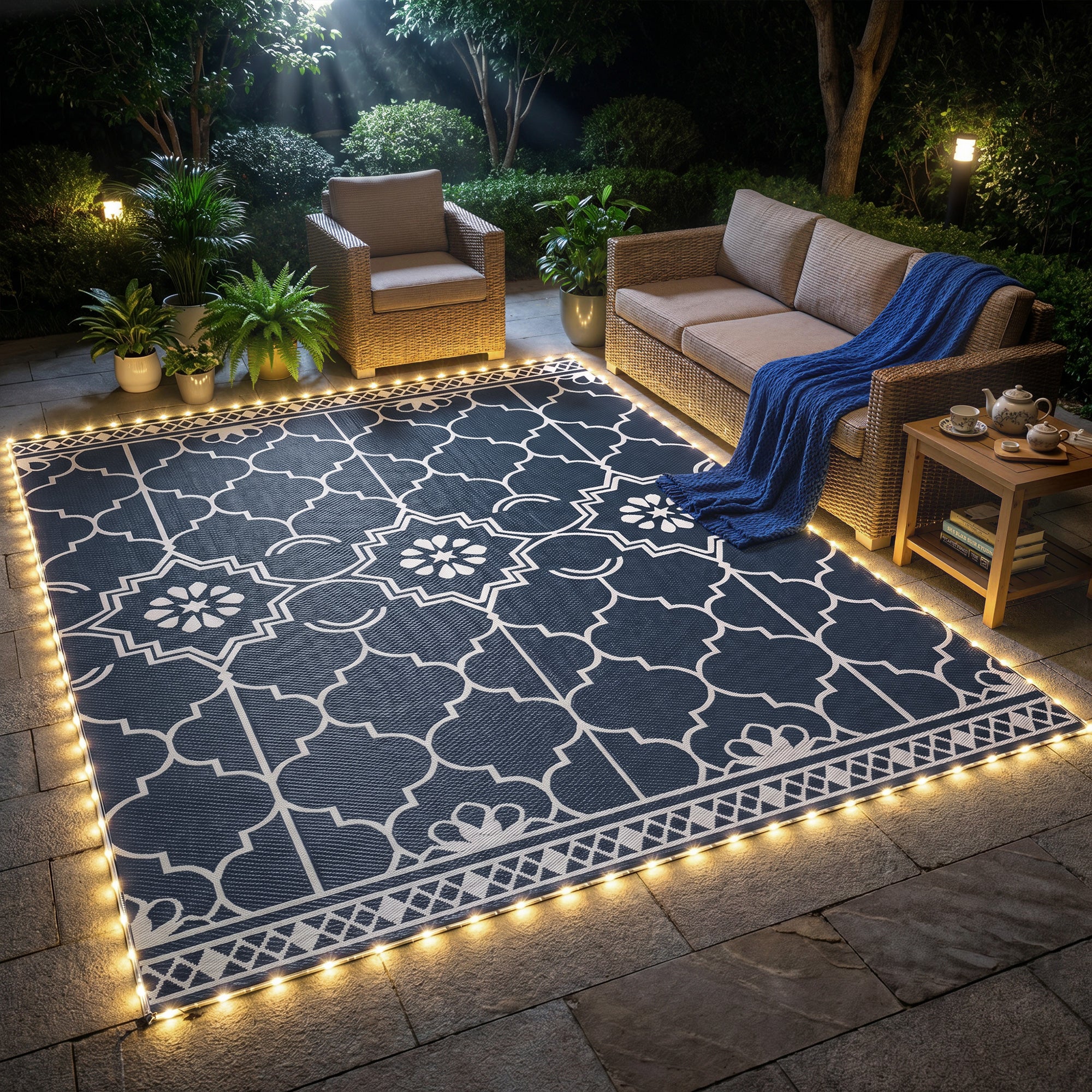 Reversible Outdoor Rug Carpet with LED Lights, 12' x 9' PP Straw Rug with Carry Bag and Ground Stakes