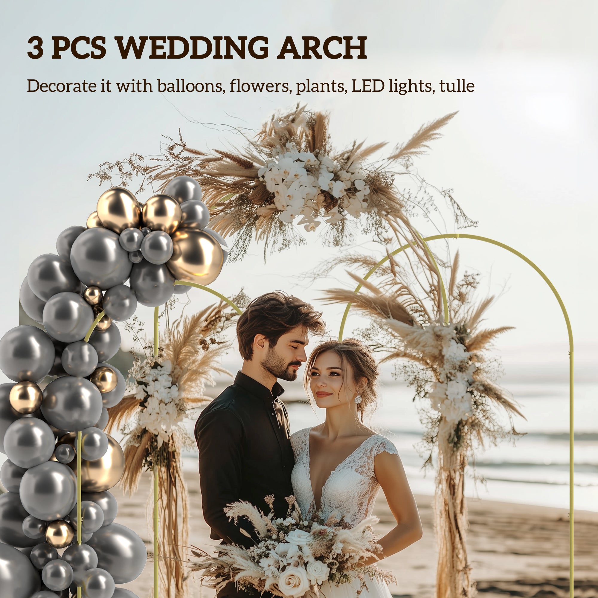 Metal Arch Backdrop Stand Set of 3, 7/6.5/6 ft Wedding Arch Frame, Balloon Backdrop Arch Stand Set for Birthday Party, Bridal Shower, Graduation, Ceremony, Banquet Decorations, Gold