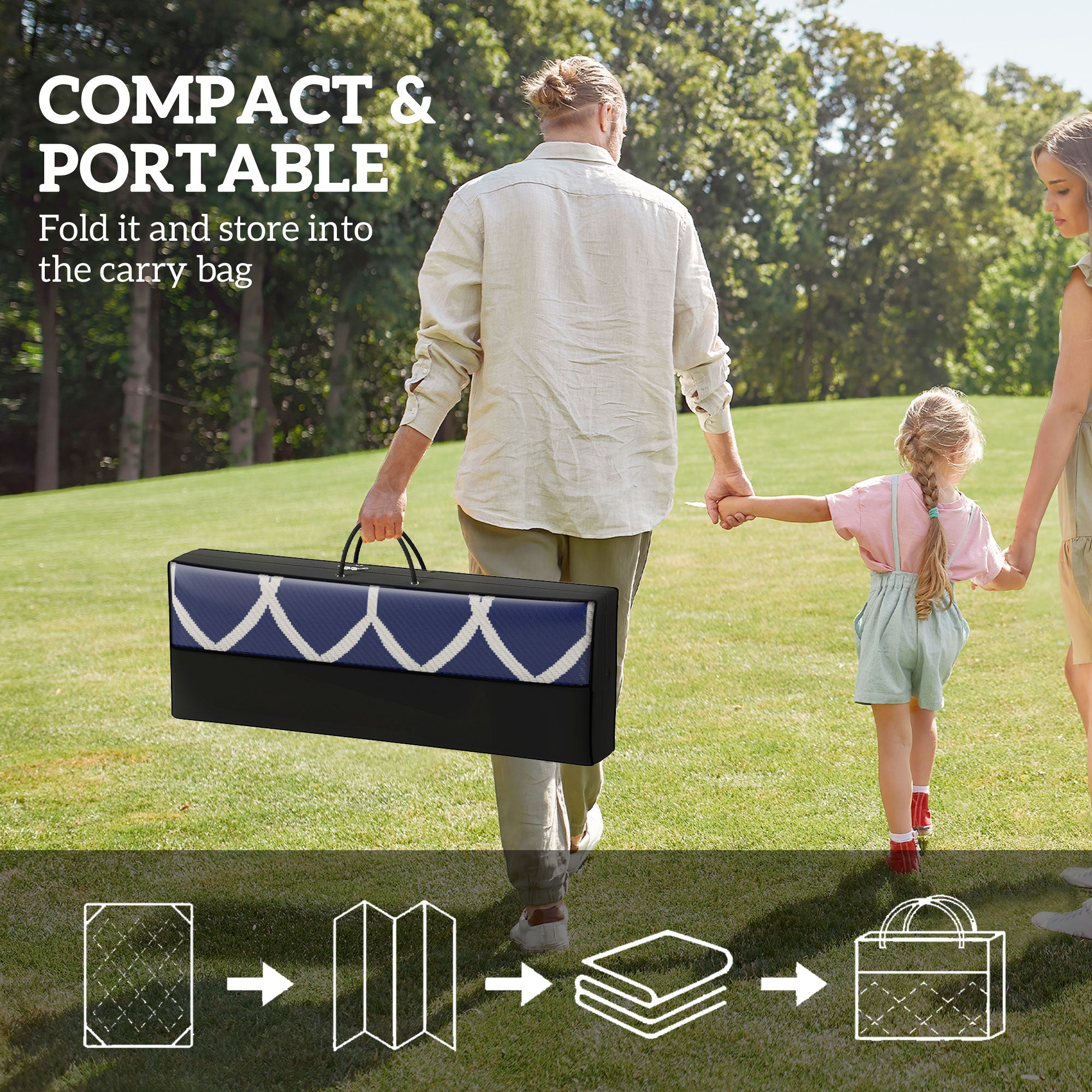Reversible Outdoor Rug, Waterproof Plastic Straw with Carry Bag, 9' x 18', Blue & White Lantern