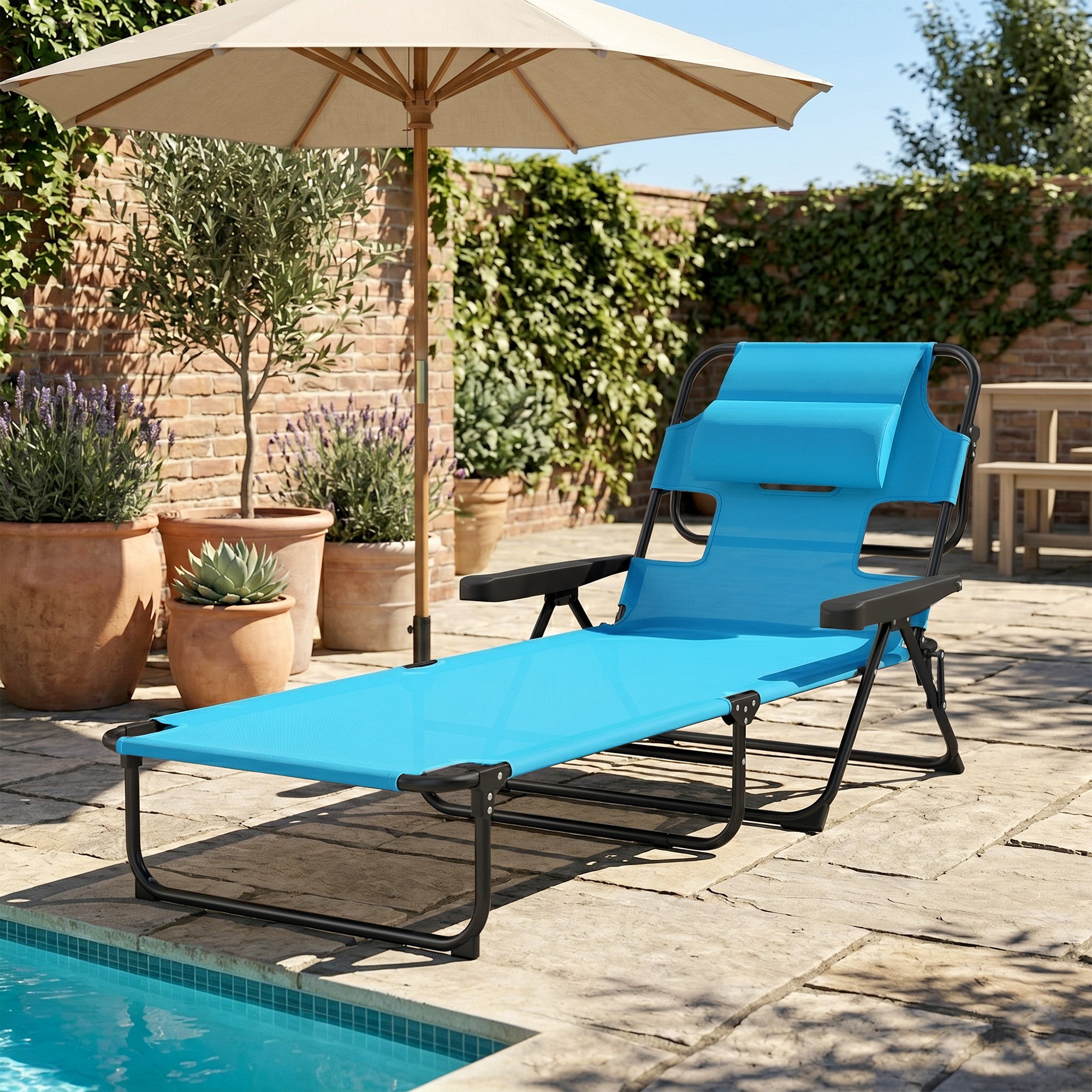 Folding Lounge Chair w/ Reclining Back, Light Blue