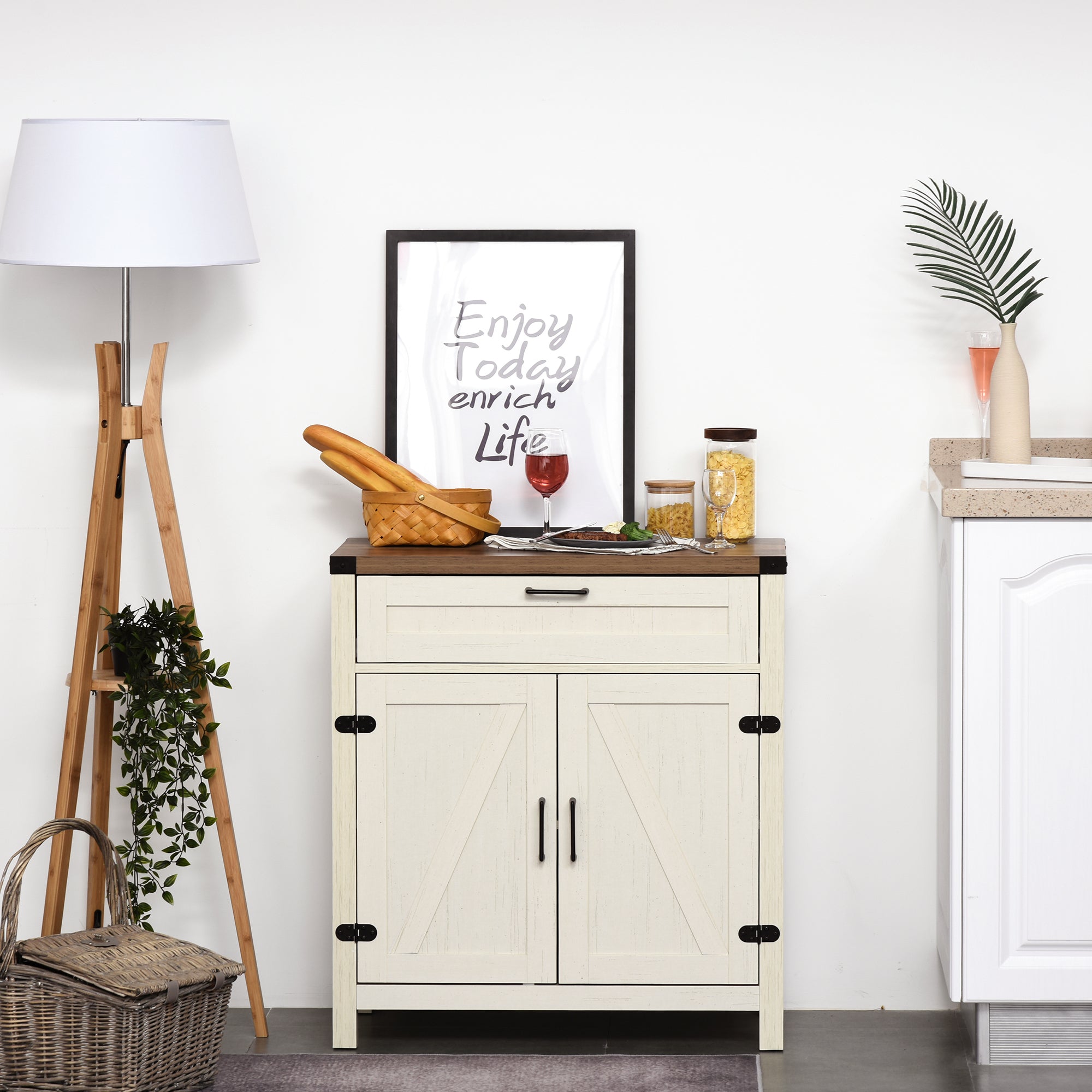 Modern Farmhouse Sideboard with Storage, Buffet Cabinet with 2 Barn Doors and Drawer for Dining Room, Distressed White
