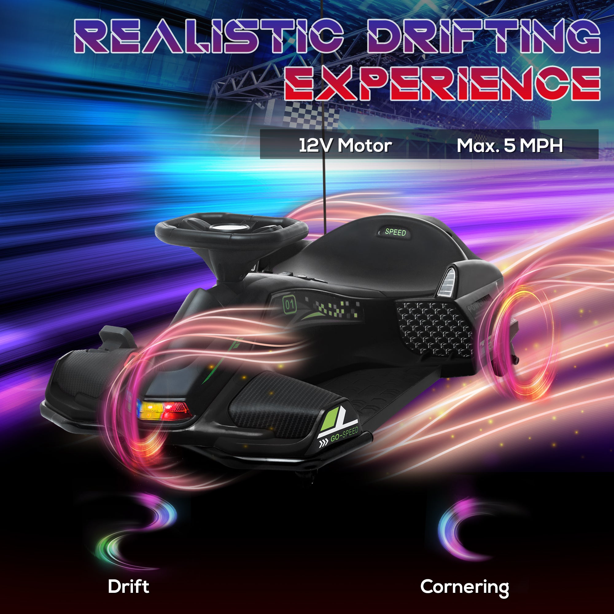 12V Electric Drifting Go Kart w/ Slow Start, Music, Lights, Black