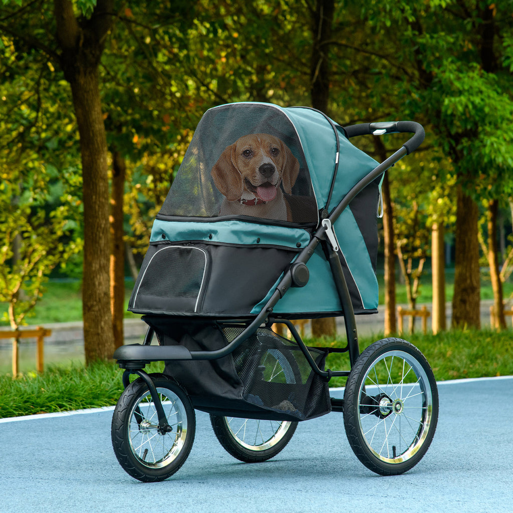 3 Wheels Pet Stroller for Small Dogs and Medium Dogs with Adjustable Canopy, Safety Tether, Storage Basket, Dark Green