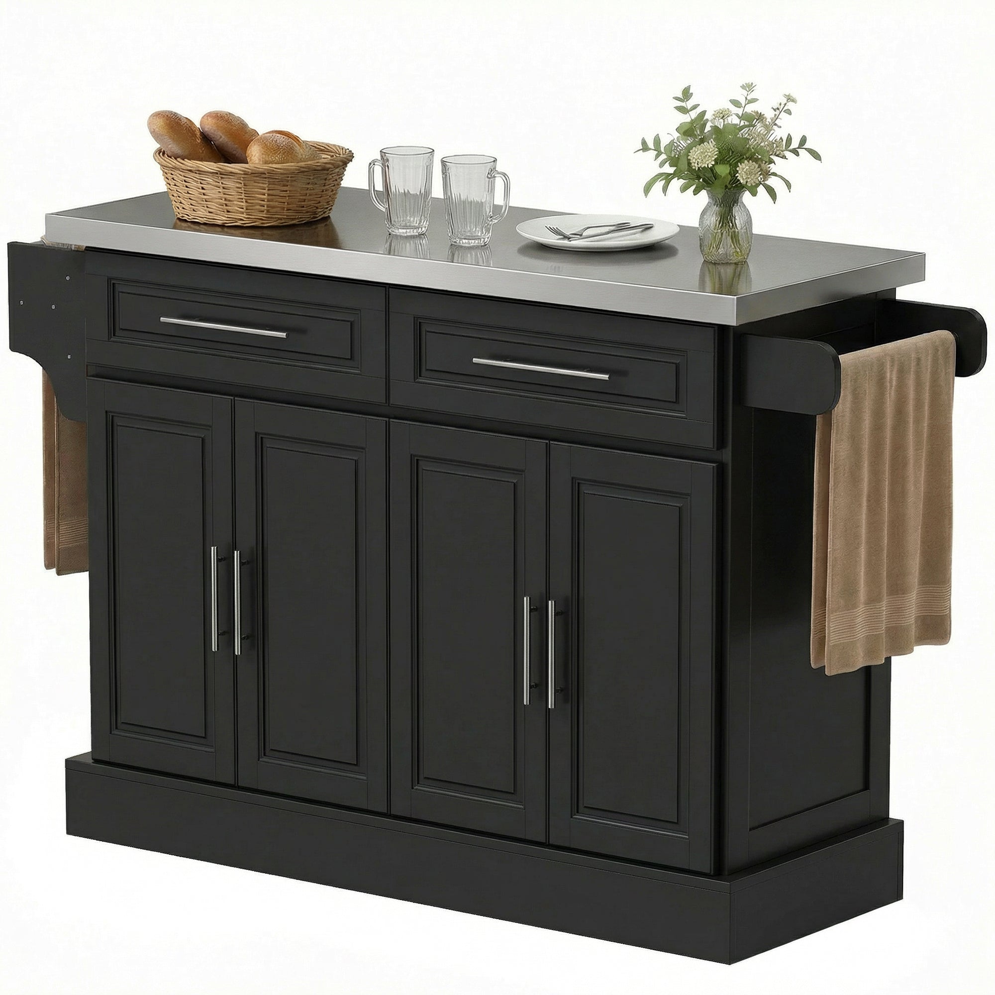 Rolling Kitchen Island Cart with 47" Stainless Steel Top, Portable Island Table for Kitchen with Wheels, Adjustable Shelves, 2 Drawers, Spice, Knife and Towel Rack, Black