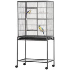 30" Rolling Metal Bird Cage Feeder with Detachable Rolling Stand, Storage Shelf, Wood Perch & Food Container