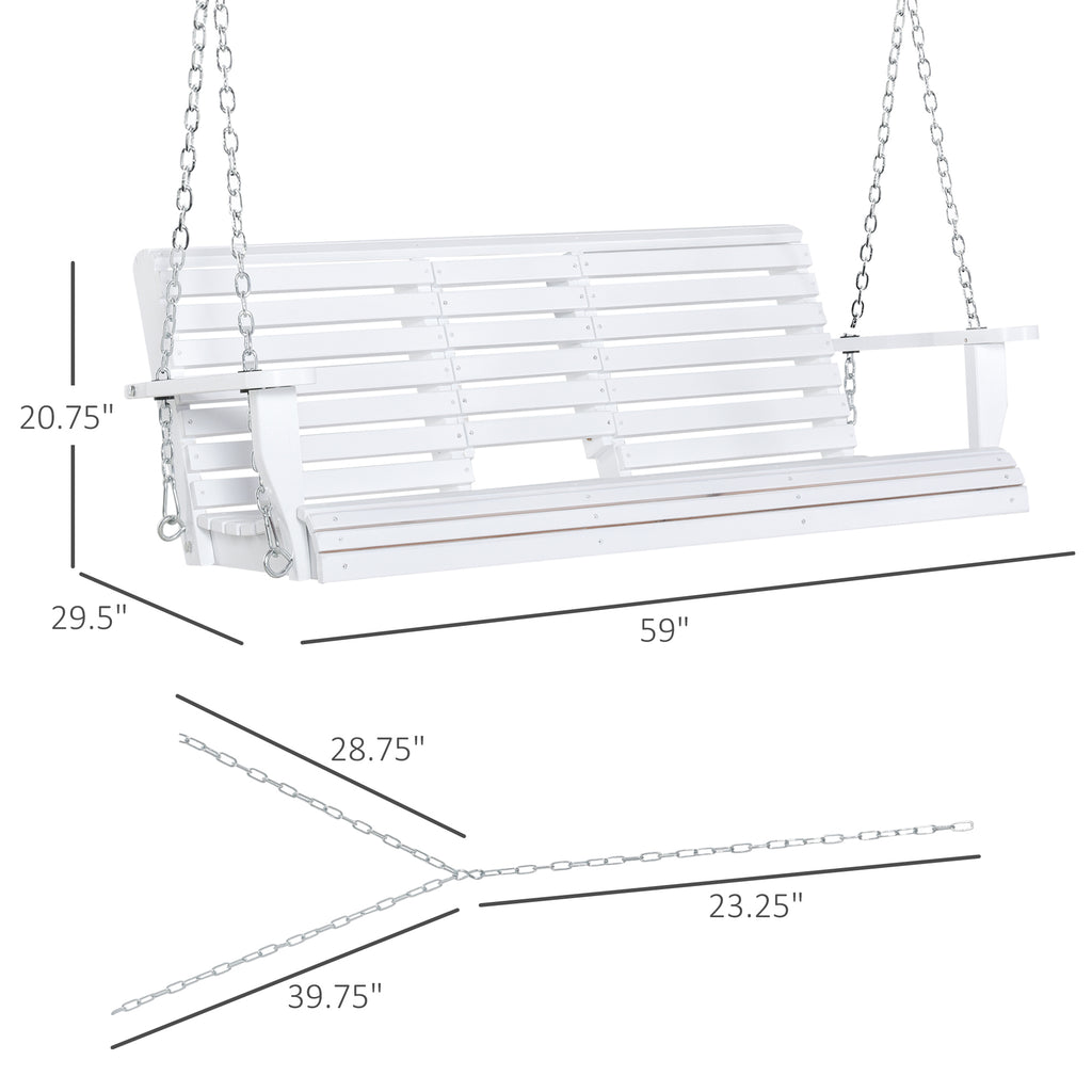 3-Seater Wooden Porch Swing, Patio Swing Bench with Folding Coffee Table, Cup Holders and Chains Included, 440lbs Weight Capacity, White