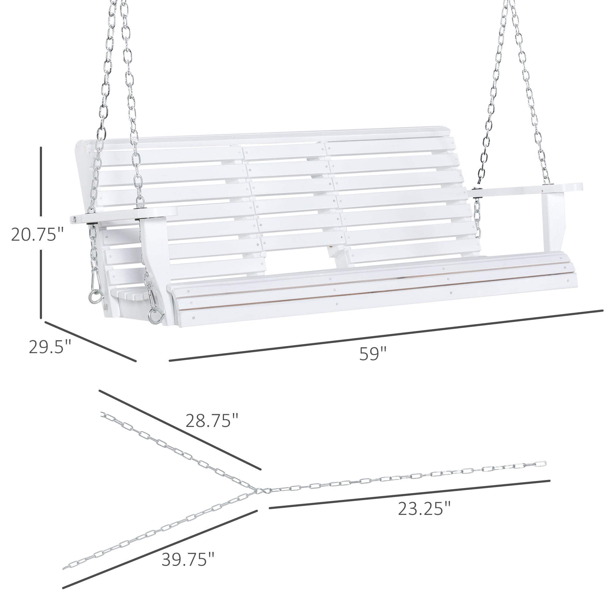 3-Seater Wooden Porch Swing, Patio Swing Bench with Folding Coffee Table, Cup Holders and Chains Included, 440lbs Weight Capacity, White