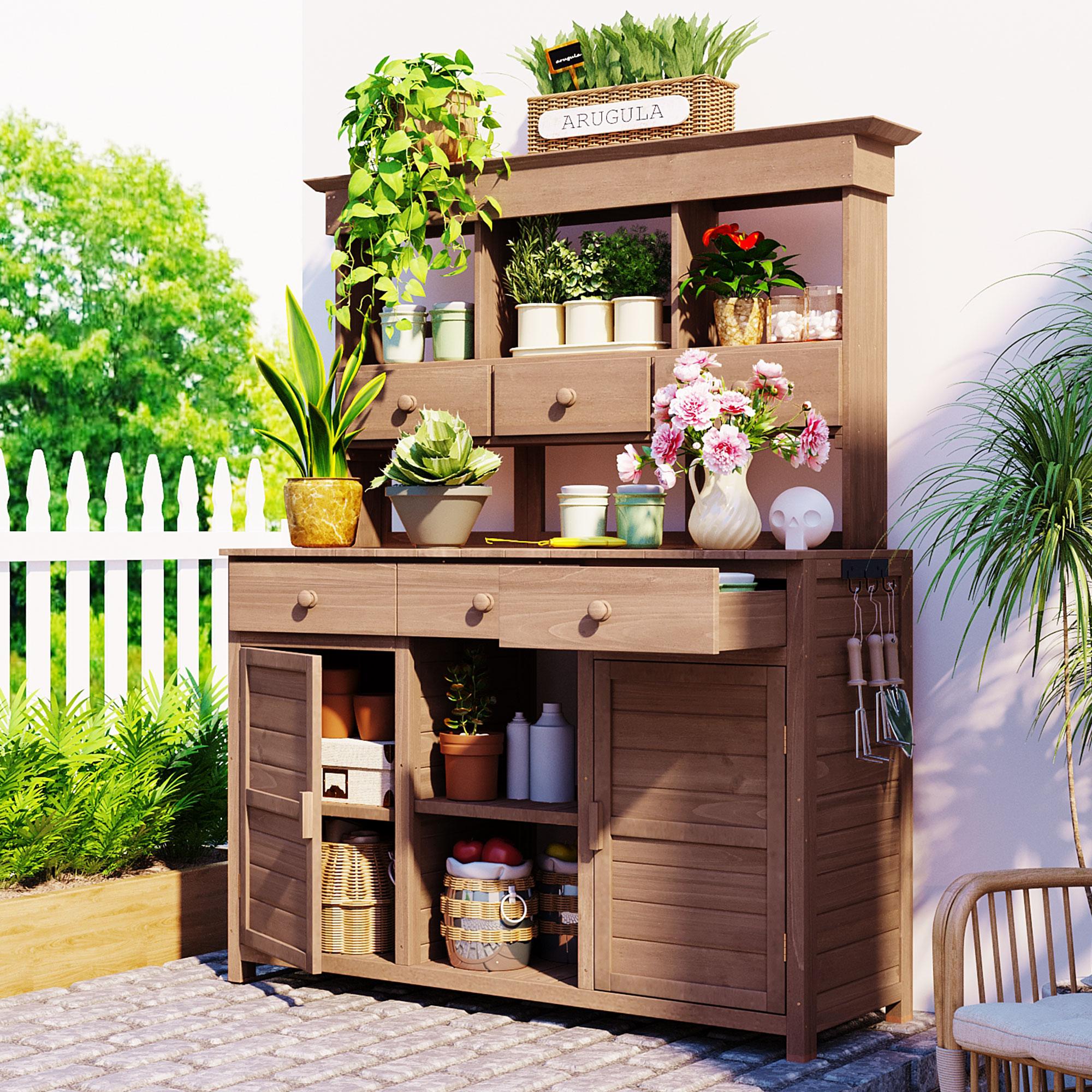 Tall Garden Potting Bench with Hutch & 6 Drawer, Wood Storage Workstation with 3 Shelf & 2 Cabinet, 50'' L x 20.5'' W x 65.5'' H, Brown