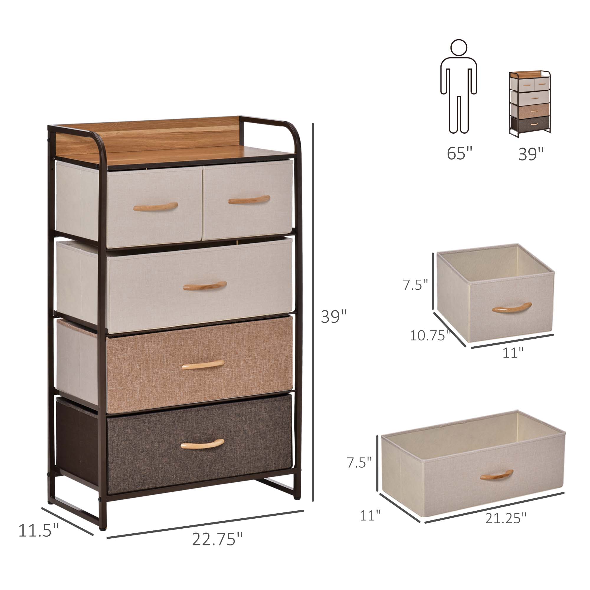 5-Drawer Fabric Dresser Tower, 4-Tier Storage Organizer with Steel Frame for Hallway, Bedroom, and Closet, Maple Wood