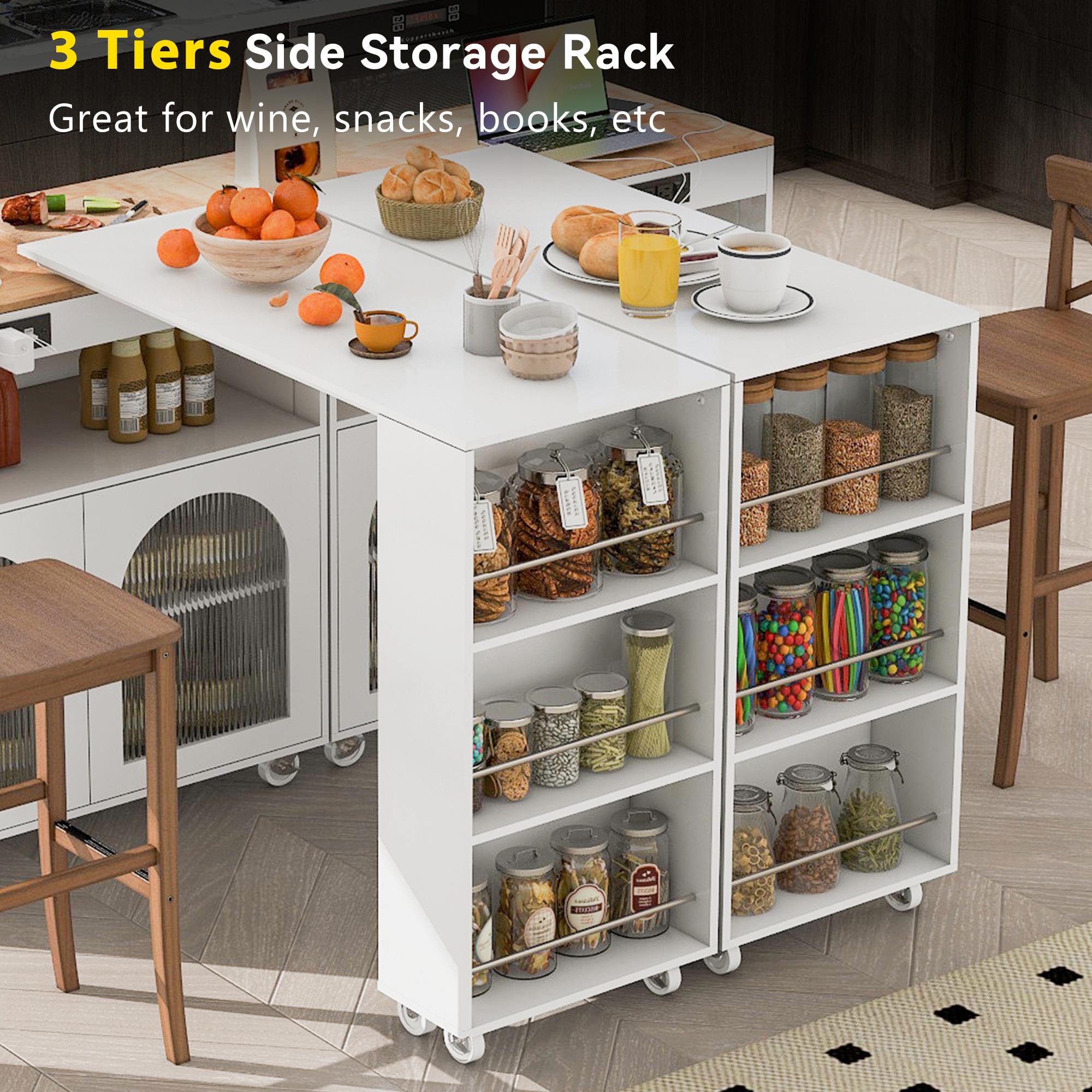 LED Kitchen Island with Extended Table, Power Outlets, Fluted Glass Doors, Utility Cart with Shelves and Cabinet, 56.5" L x 33" W x 38" H, White