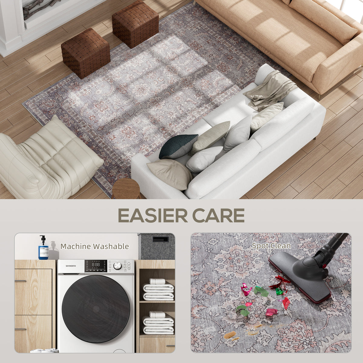 Machine Washable Area Rug 5x7, Non-Slip Traditional Flower Print Floor Carpet for Living Room, Bedroom, Grey and Brown