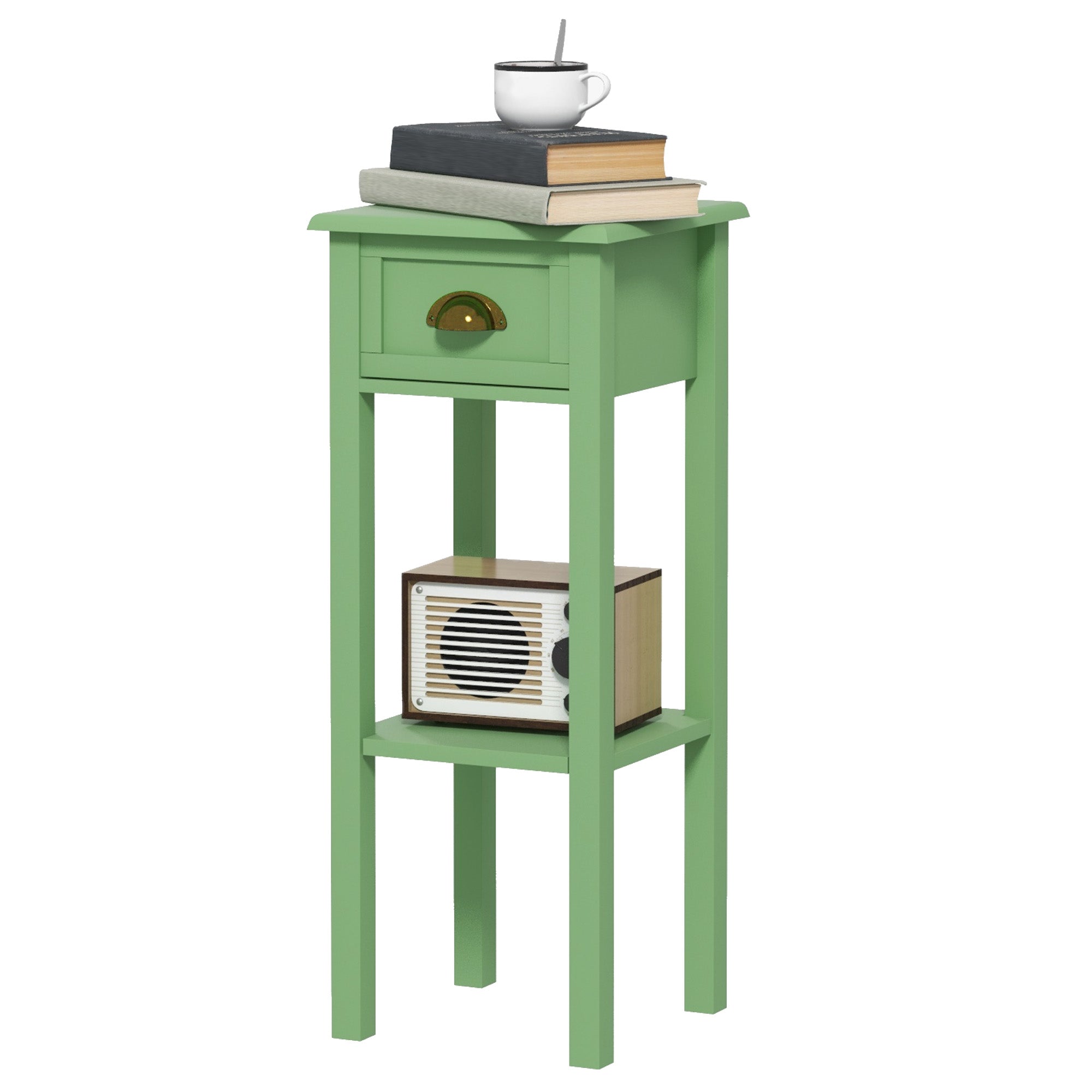 2-Tier Side Table with Drawer and Shelf, End Table for Living Room and Hallway, Green