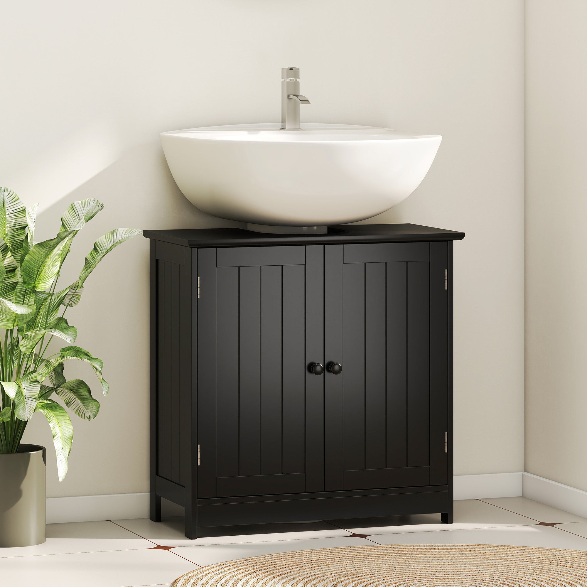 Under Sink Bathroom Cabinet, Pedestal Sink Storage Cabinet with 2 Doors, Shelf and U-Shape, Black