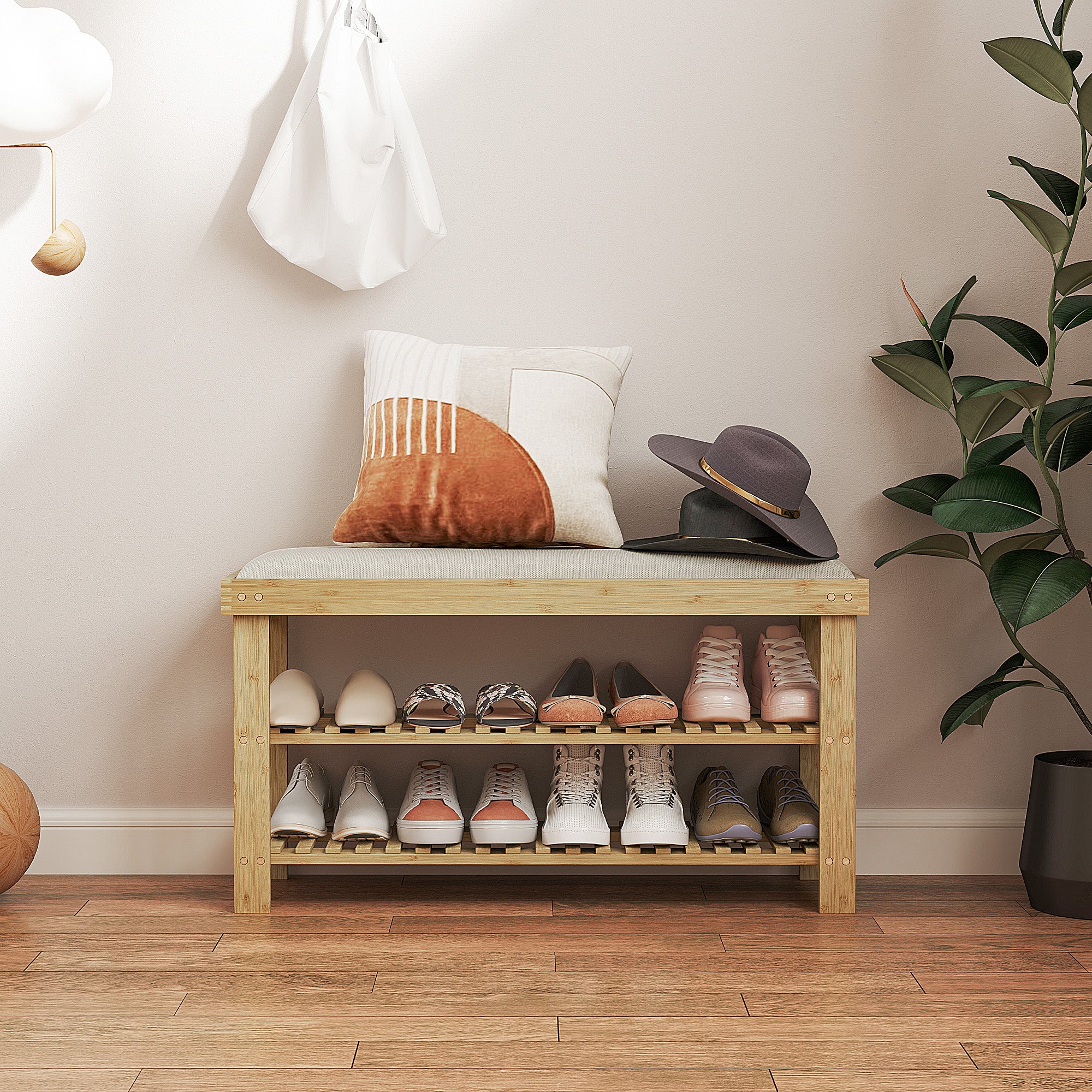 Bamboo Shoe Storage Bench, 3-Tier Entryway Bench with Cushion, Shoe Organizer for Entryway, Hallway, Natural