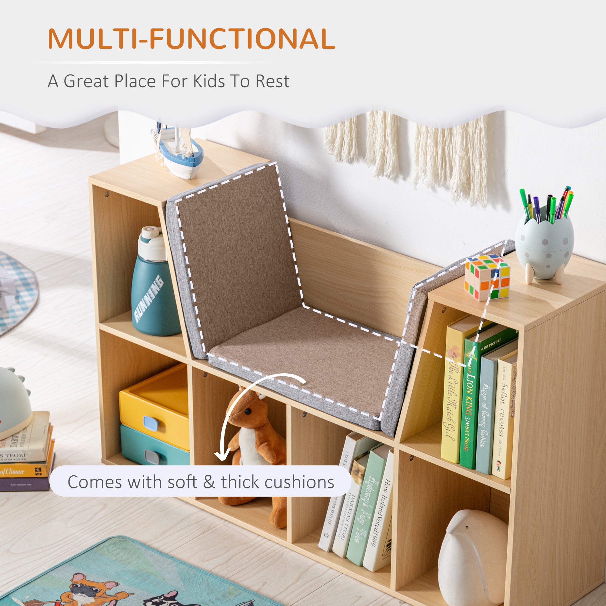 6-Cubby Kids Bookcase with Reading Nook and Cushion, Multi-Purpose Storage Organizer for Bedroom, Living Room, Natural