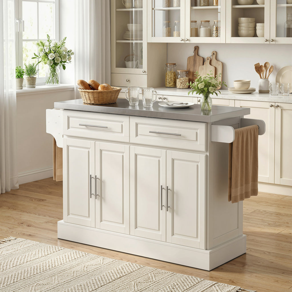 Rolling Kitchen Island with Stainless Steel Top, 2 Drawers, Spice, Knife and Towel Rack and Cabinets, Cream White